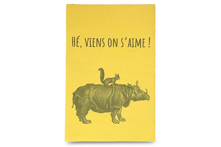 Carte postale cuir Hé, viens on s’aime ! – Gravures animalières